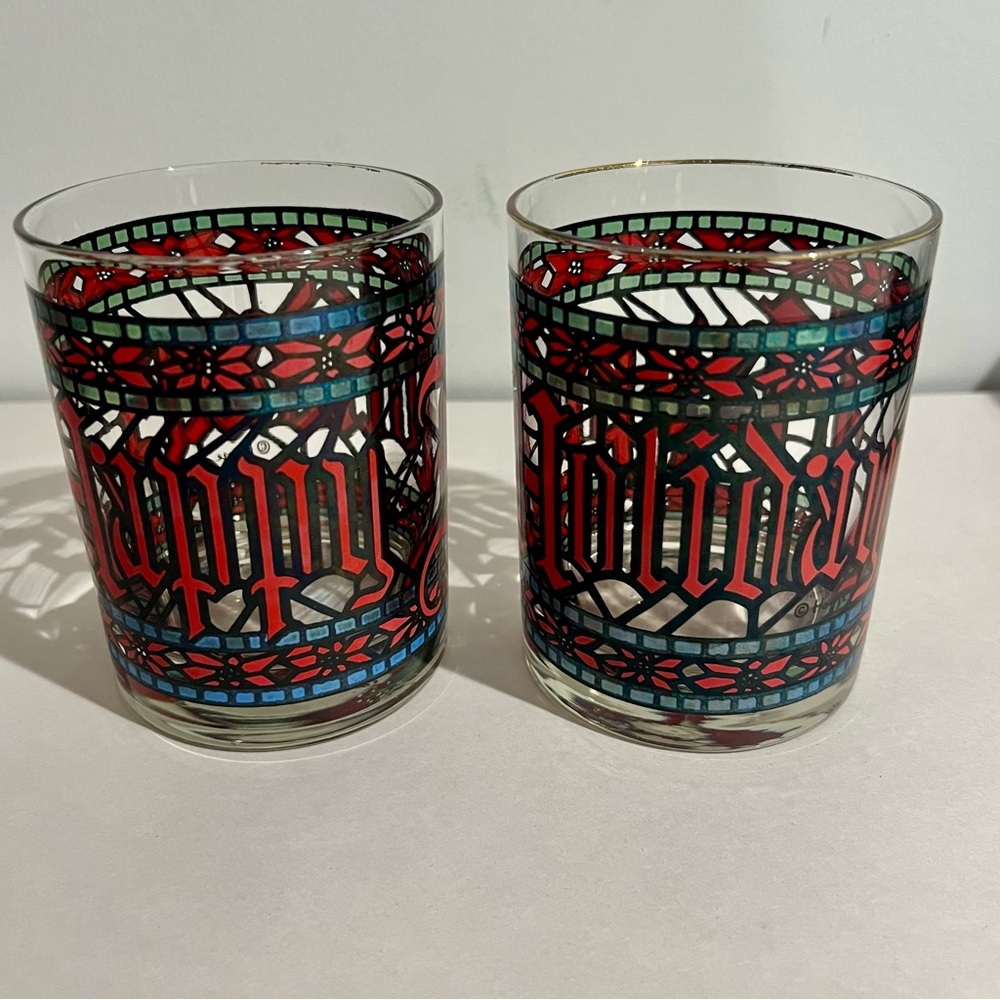 Festive Vintage Holiday Glasses with Red and Green Design